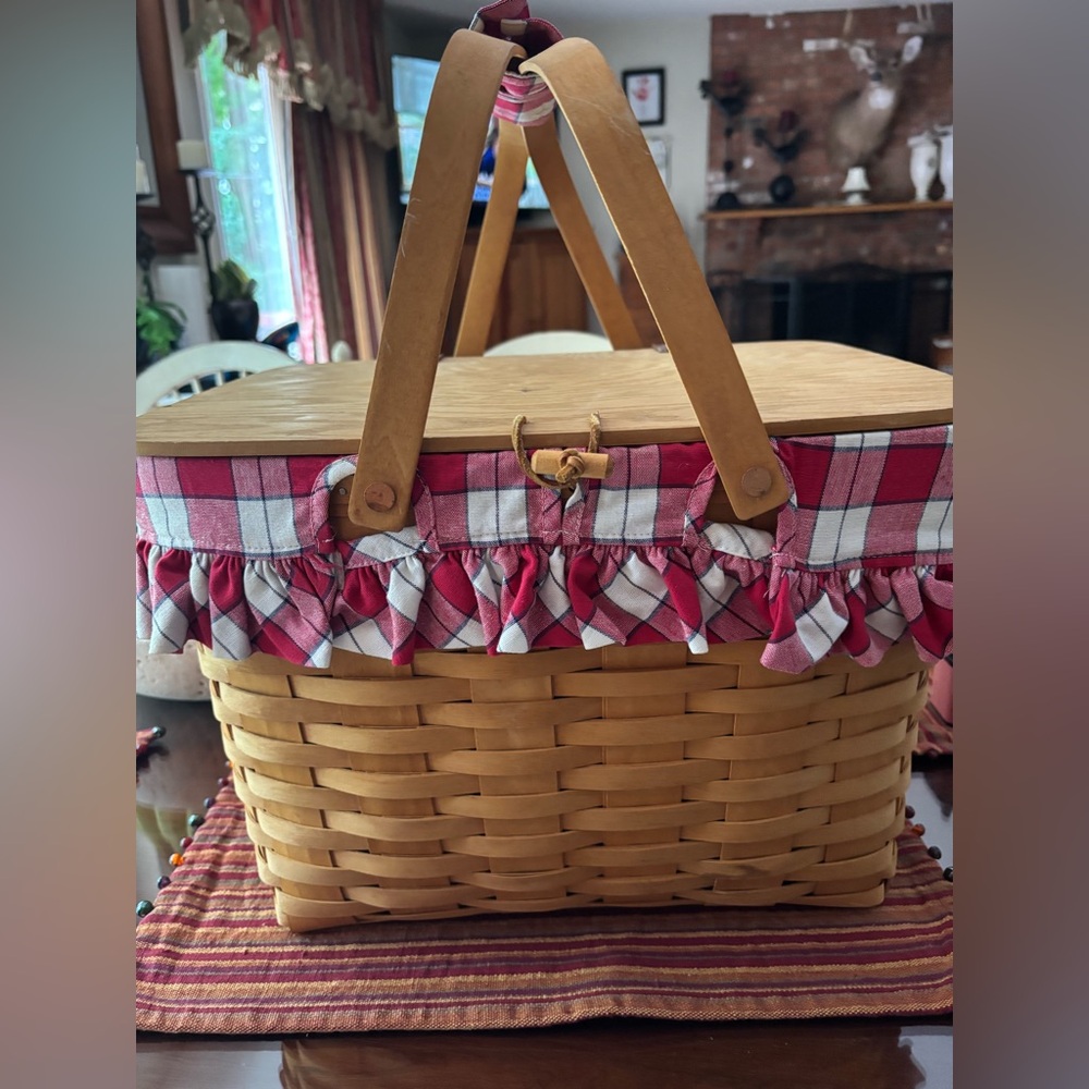 Longaberger Picnic Basket with Red Ruffle Trim